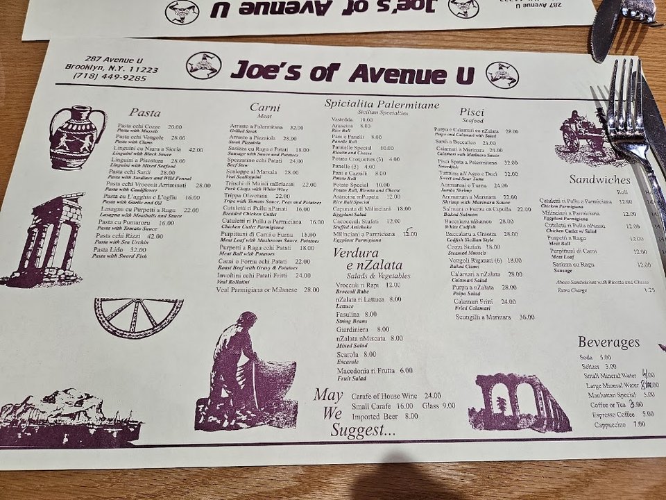 Printed menu with Sicilian specialties and sandwiches.